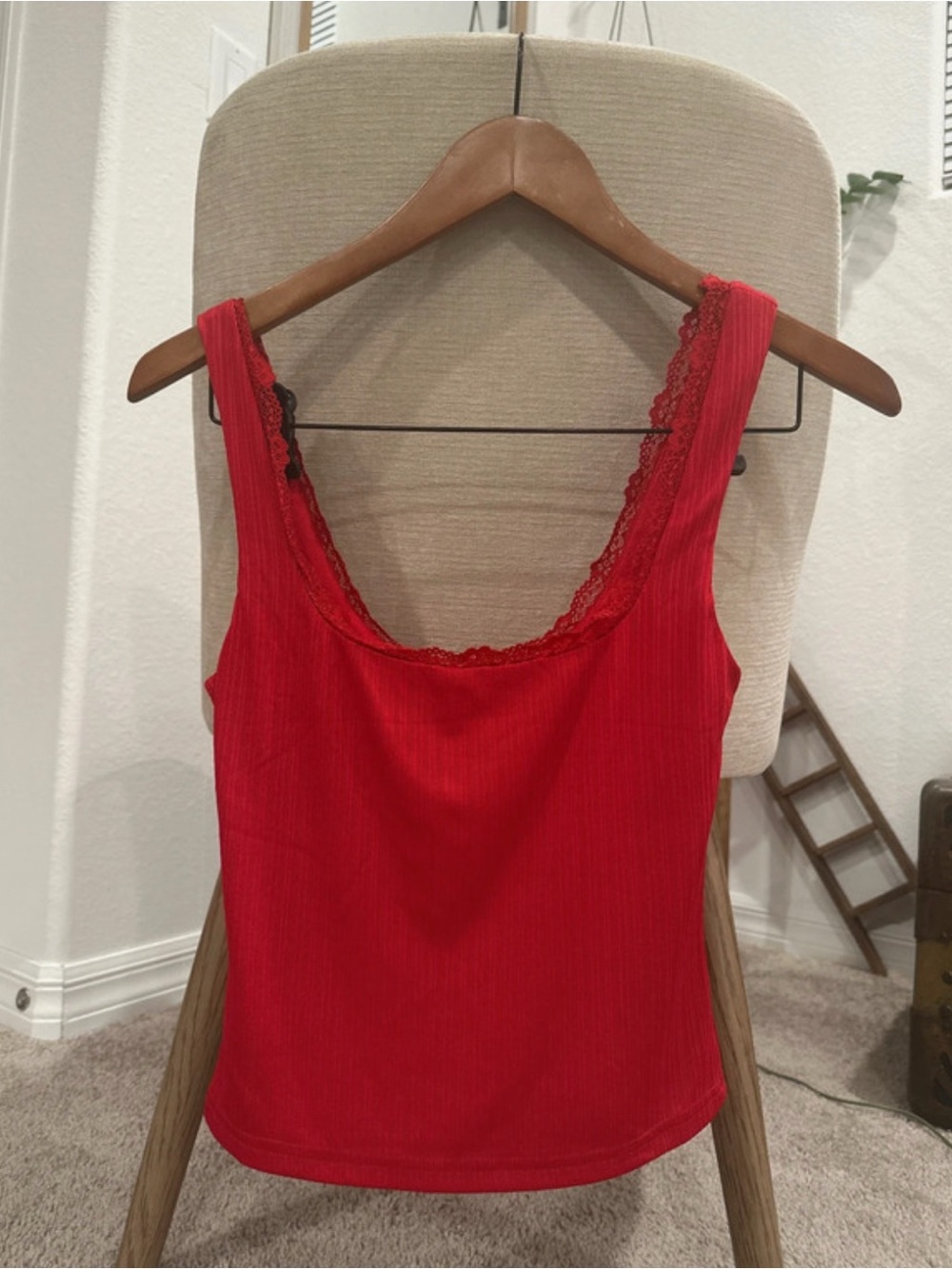 White Fox Red Ribbed Lace Trim Tank Top